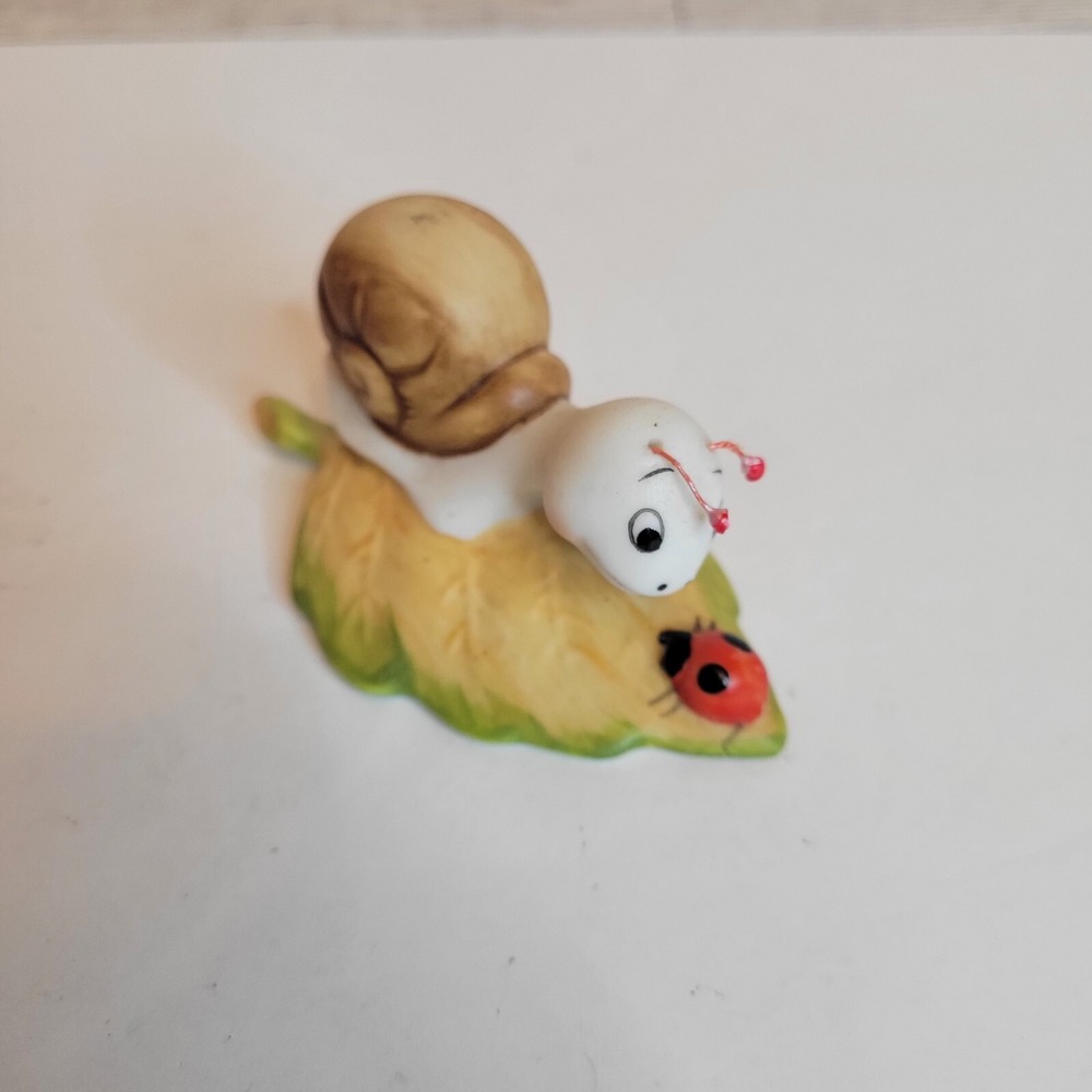 Vintage HOMCO Anthropomorphic Snail on Leaves W. Ladybug Ceramic Figurines